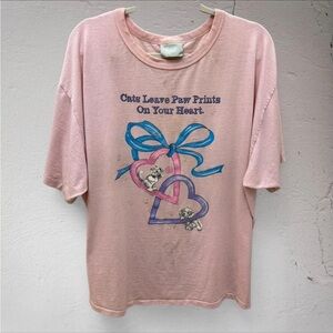 Vintage Pink Graphic T-Shirt with Hearts & Cats & Playful Print